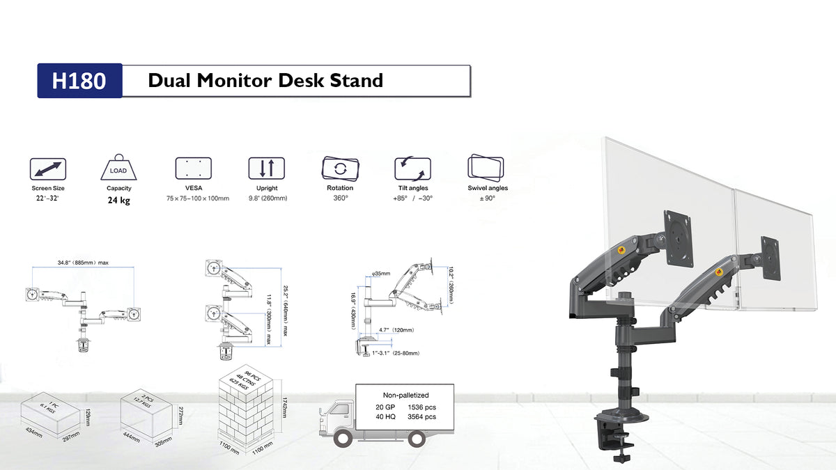 NB H180 Dual Monitor Stand – Dual 17–27" Monitors, 9kg Per Arm, Full Motion
