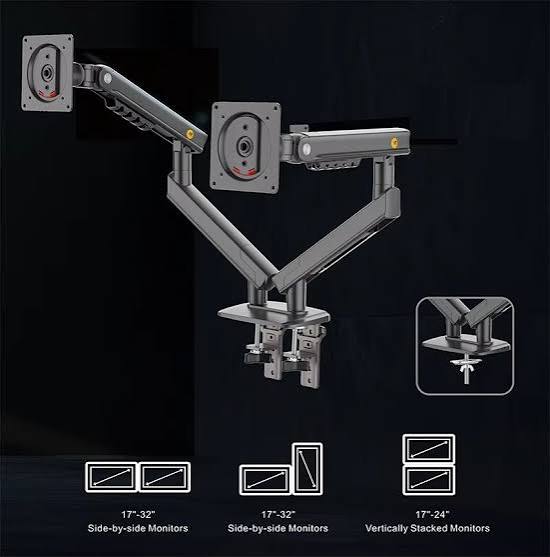 Dual -A5C Monitor Stand Arm Gas Spring Adjustable Desk Mount, 22–32" Screens, Ergonomic Dual Screen Holder