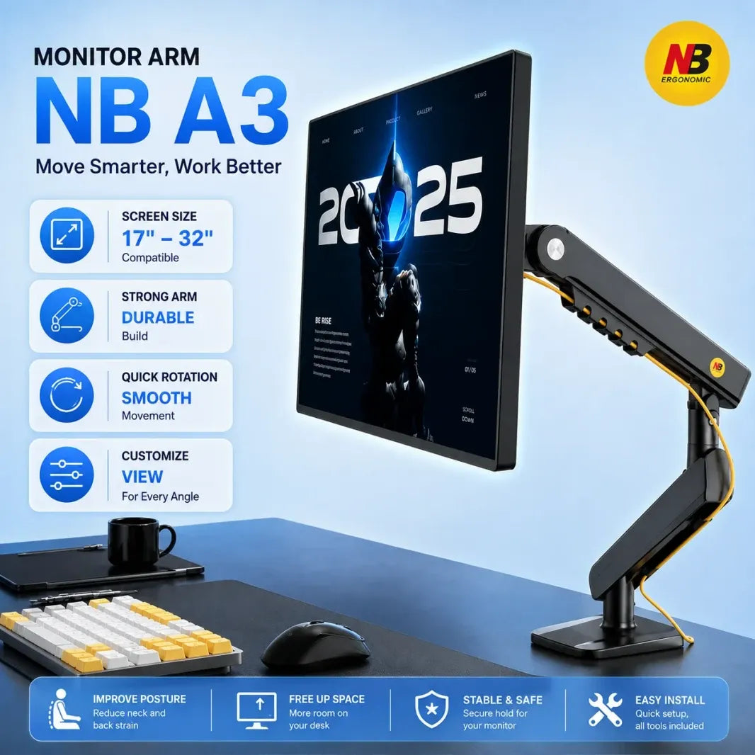 NB A3 Monitor Arm – Mechanical Spring, 17–32" Monitors, 9kg Capacity, Full Motion, Quick-Release VESA, Gunmetal Black