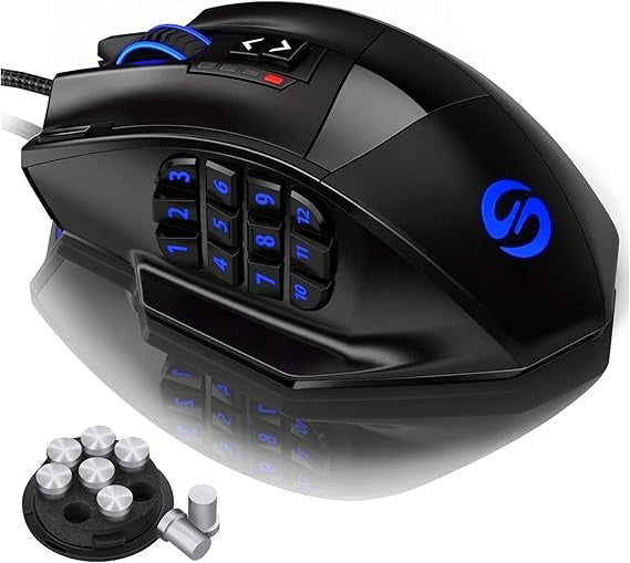 UtechSmart Venus MMO Wired Gaming Mouse – 12 Side Buttons, 16400 DPI, RGB, Adjustable Weights