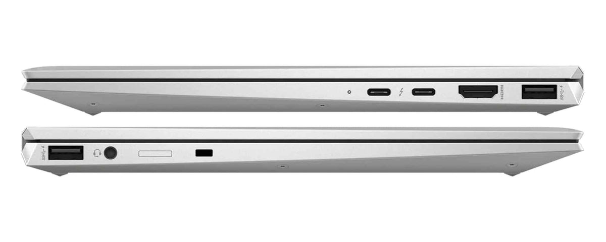 A silver laptop shown from two side angles, displaying various port openings including USB-C, USB-A, HDMI, and a headphone jack, on a plain white background.