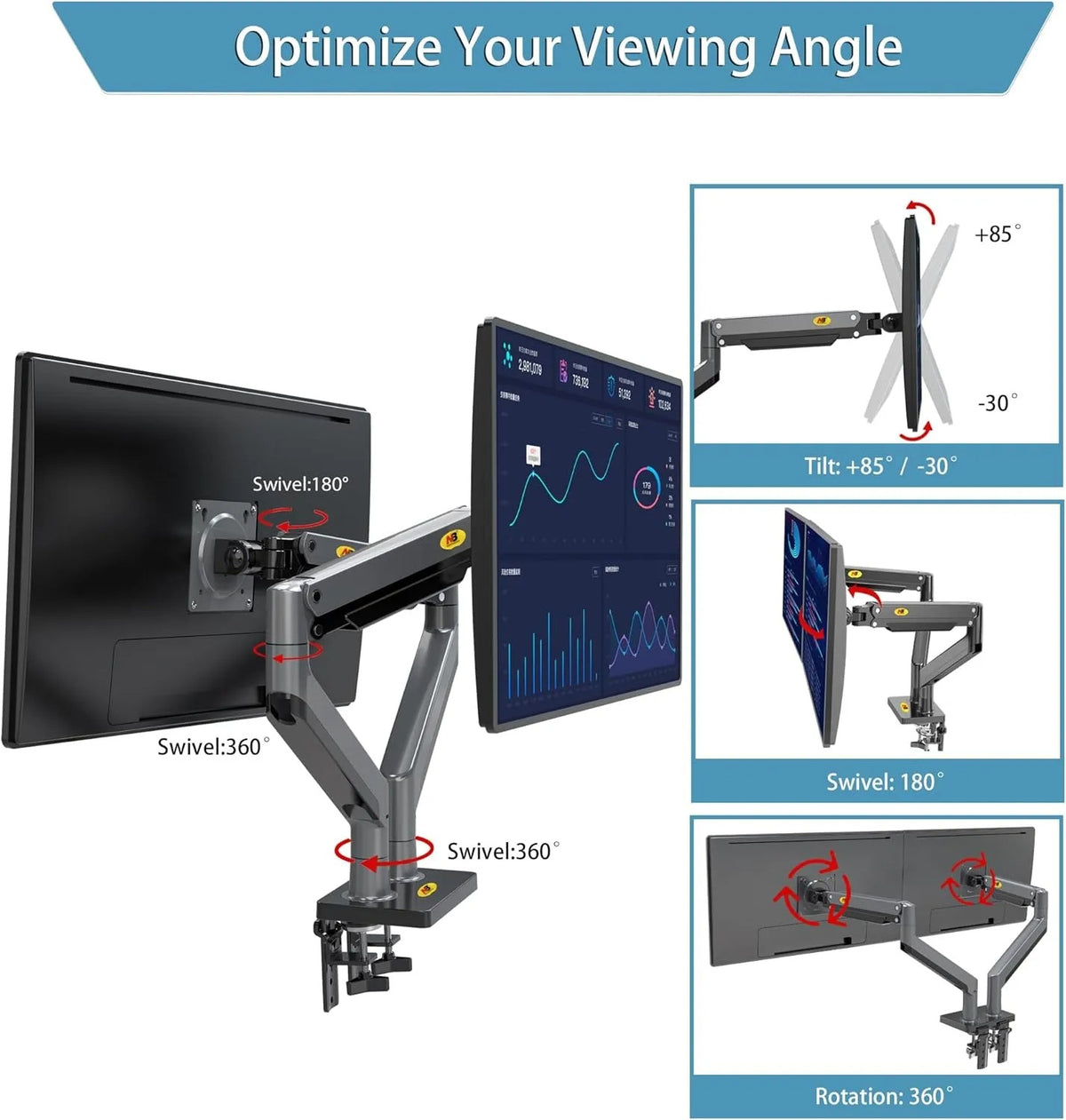 NB G35 Dual Monitor Arm – 22–32" Screens, Up to 11.97kg Per Arm, Full Motion, Black