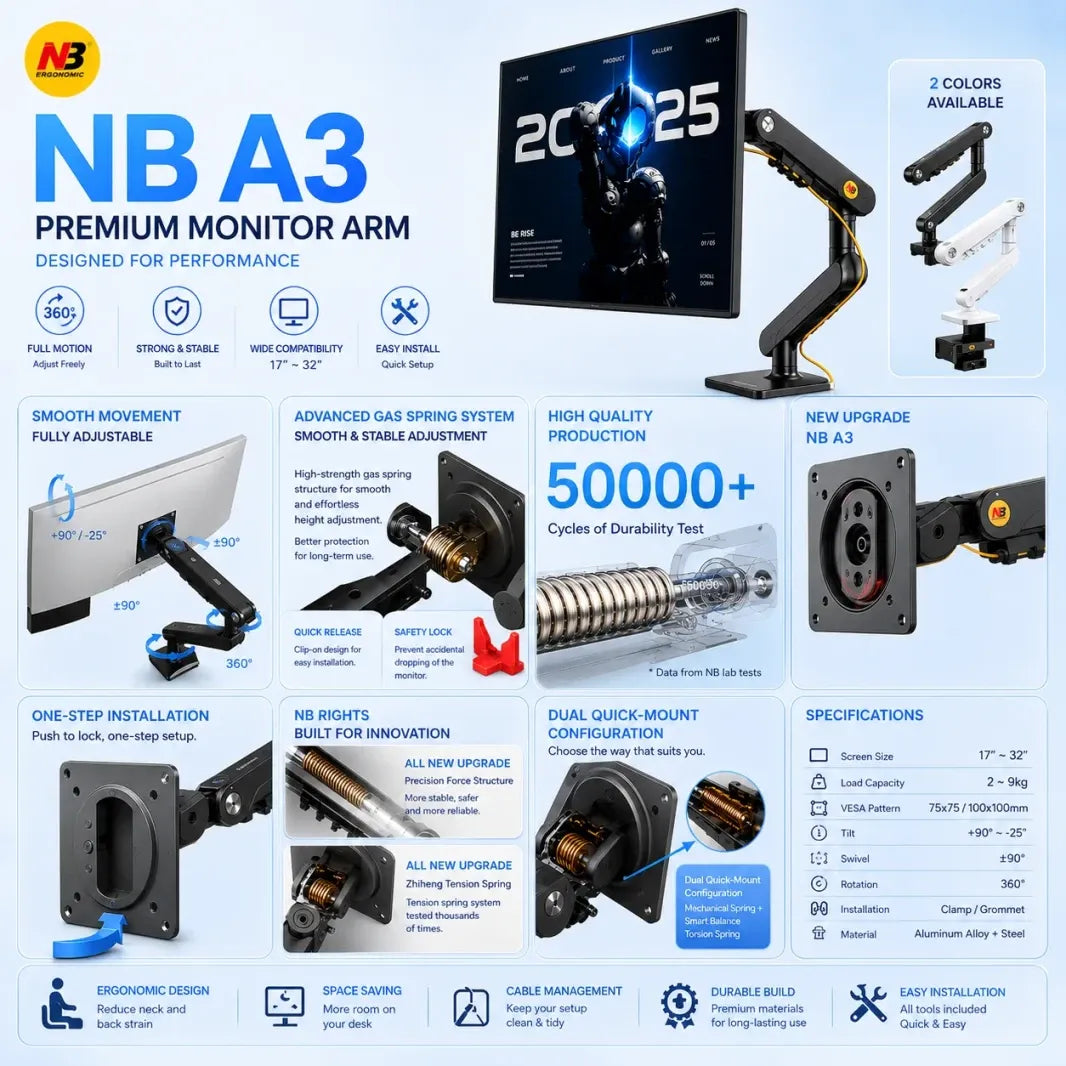 NB A3 Monitor Arm – Mechanical Spring, 17–32" Monitors, 9kg Capacity, Full Motion, Quick-Release VESA, Gunmetal Black